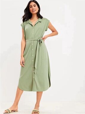 LOFT Sage Green Button-Front Tie-Waist Midi Dress
